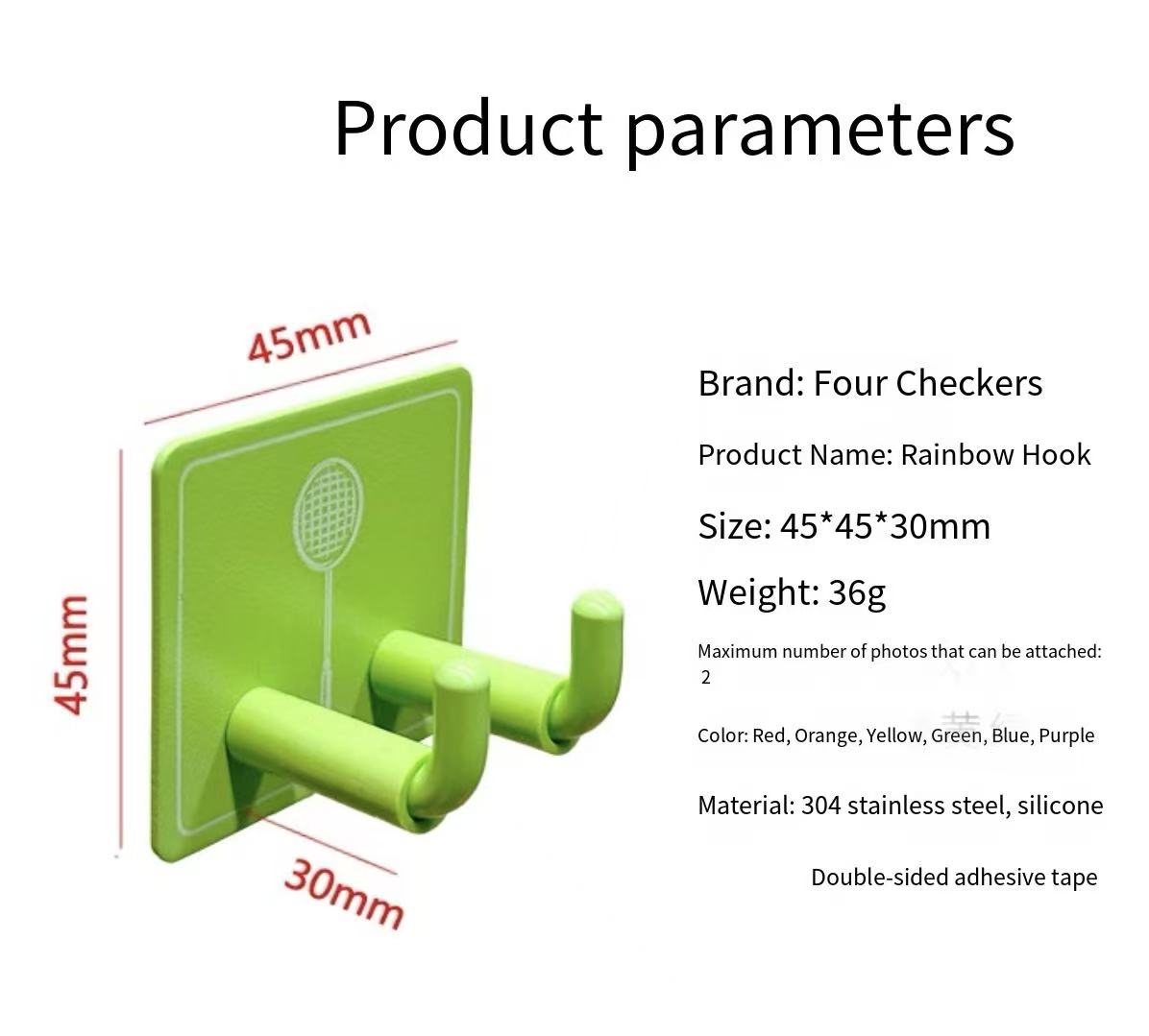 Rainbow Badminton Rackets Wall Hook: Strong 304 Steel, No Drilling Needed.